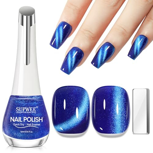 SUPWEE 16ML Cat Eye Nagellack Ohne UV, Blau Nagellack Schnelltrocknend | Magnetic Nail Polish Non Gel Holographisch für Manikür DIY Nageldesign zu Hause