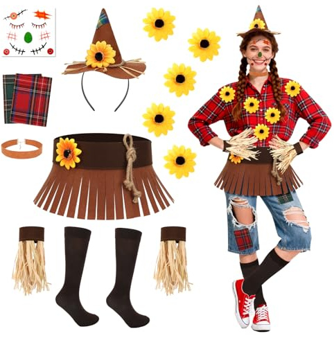 Vogelscheuche Kostüm Set für Damen mit Mini Vogelscheuche Hut Haarreif Gesichtstattoo Filz-Taillenschmuck Halskette Stroh-Armband Scarecrow Kostüm Zubehör für Halloween Cosplay Mottopartys Karneval