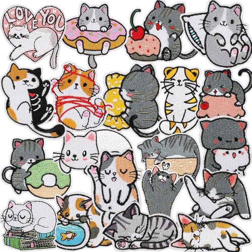 20 Stück Kätzchen Aufnäher zum Aufbügeln Stickerei Aufnäher Iron on/Sew on Patches Flicken Bügelbilder Patches für Aufnähen oder Aufbügeln auf Kleidung Rucksäcke Jacken T-Shirt Kleid Hut Jeans