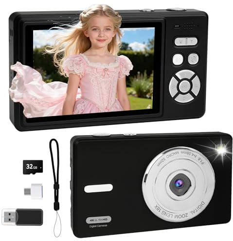 Digital Camera 4K - Autofocus Compact Cameras with 32GB SD Card 44MP Portable Mini Small Photo Camera with 2.8 LCD Screen 18X Digital Zoom Vlogging Camera for Students, Teens, Beginners (Black)