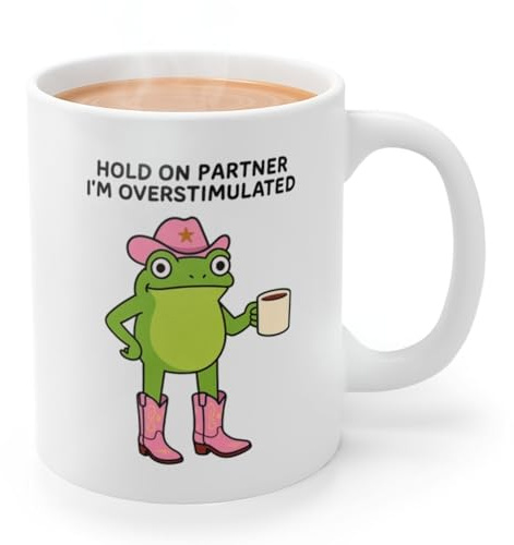 Inkely Funny Overstimulated Frog Mug, Fun Frog Gifts for Women and Men, 11oz White Ceramic Coffee Mug