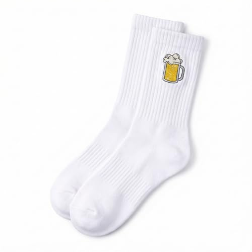 Bier Socken – Weiße Crew-Socken mit gesticktem Bierkrug – Oversized Baumwollsocken (36–45) – Geschenkidee für Bierliebhaber