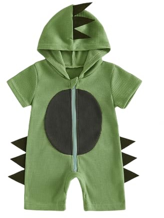 JCOPLY Newborn Baby Boy Romper Summer Outfit Hooded Jumpsuit 0-18 Months | Infant Baby Grows Boys Overalls, Dinosaur Backbone Decor Short Sleeve Zip Up Hooded Rompers, Waffle Playsuit, Boys Hoodies