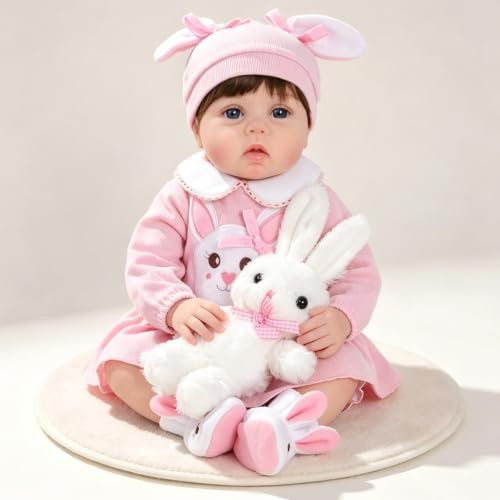22 Pollici Bambole Reborn realistica bambine 55 cm, corpo imbottito in cotone, tuta a tema coniglio rosa, ciuccio, biberon e Sonagli, regalo per bambini dai 3 anni in su
