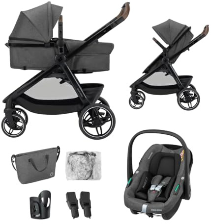 Maxi-Cosi Zelia S Trio² Kinderwagen 3in1 mit Kindersitz, 0-4 Jahre, Einhändig Klappbar, Kompaktes und Wendbares Kinderwagen Set, mit CabrioFix S i-Size Babyschale, Zubehör, Wickeltasche, Dark Grey