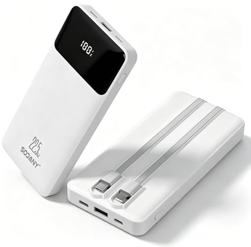 Batería Externa 10000mAh Carga Súper Rápida 22.5W, Power Bank Portátil con Cables Integrados (Tipo-C y Lightning), Pantalla LED Inteligente para iPhone y Android