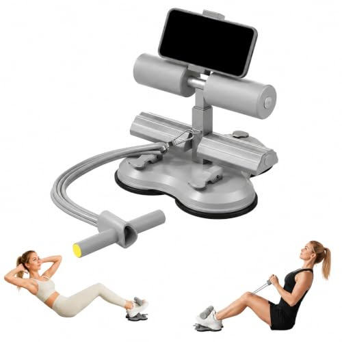 Adjustable Sit Up Bar Floor with Foot Holder, Portable Sit Up Bar, Abs Workout Equipment with Self-Suction 3 Drie Suction Cup, Sit-Ups Assistant Device with Mobile Phone Holder for Home Gym