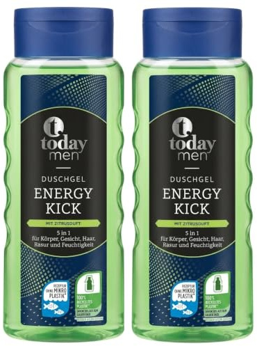 today men Duschgel Energy Kick 2x300 ml (600 ml) Herren 5in1 Duschgel mit Zitrusduft, für Körper Gesicht Haar Rasur und Feuchtigkeit, pH-hautneutral, dermatologisch bestätigt, Vorratspack