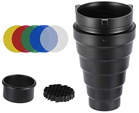 Andoer Foto-Beleuchtung Monolights Bowens Mount Snoot Optischer Snoot Metall konischer Snoot mit Wabengitter 5-teiliges Farbfilter-Set für Bowens Mount Studio Strobe Monolight Fotografie Blitz