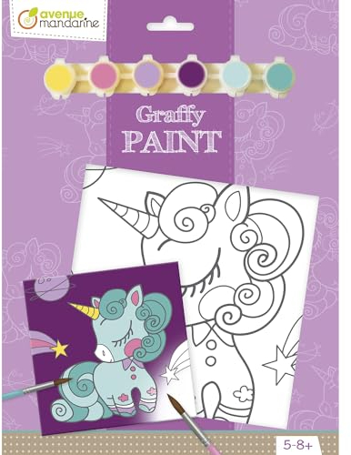 Avenue Mandarine - Ref PP018O - Graffy Paint Activity Set - Unicorn - Pre-Drawn Painting Cardboard Canvas, 20cm x 20cm, 6 Paints to Use, Suitable for Ages 5-8+