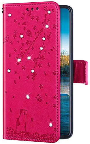 Uposao Kompatibel mit Samsung Galaxy A5 2016 Hülle Leder Schutzhülle Glitzer Bling Strass Diamant Kirschblüte Blumen Flip Wallet Case Brieftasche Handyhülle Lederhülle Klapphülle,Rose Rot