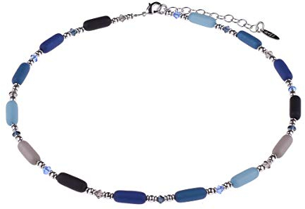 Adi Modeschmuck zarte Zylinderkette 'Bille' aus Polariszylindern, geschliffenen Glasperlen und versilberten Zylinderperlen, handgefertigt in Berlin (Blau- und Grautöne)