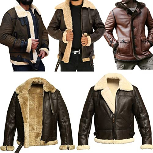 EU Fashions B3 Bomber Sheepskin Shearling Leather Jacket RAF Aviator Fighter Pilots WW2 Winter Fur Jacket for Men