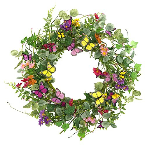 20 Artificial Spring Summer Wreath with Fake Butterflies,Eucalyptus Leaves,Daisy,Dry Vine Branches,Fern Leaves for Front Door Indoor Outdoor Farmhouse Wall Holiday Decor, White Gift Box Included