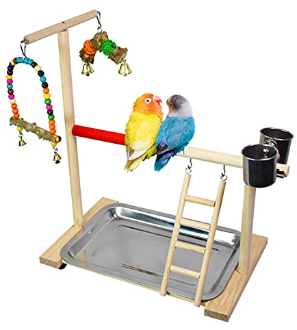 JasCherry Vogel Spielplatz Papagei Spielplatz Holz Gym Vogelständer Barsch Turnhalle Leiter Laufgitter Spielzeug Übungsspiel für Wellensittiche Nymphensittich mit Feeder Cups Tablett Schaukel #D