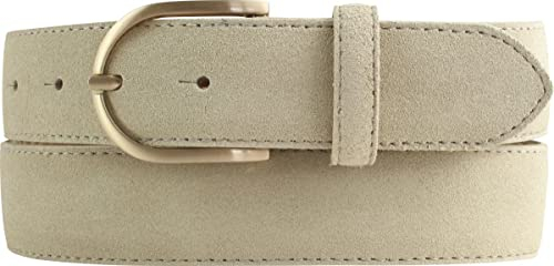 Damen-Gürtel aus Veloursleder 3,5 cm | Velour-Ledergürtel für Damen 35mm | Wildleder-Gürtel mit runder, goldener Gürtelschließe | Beige 85cm