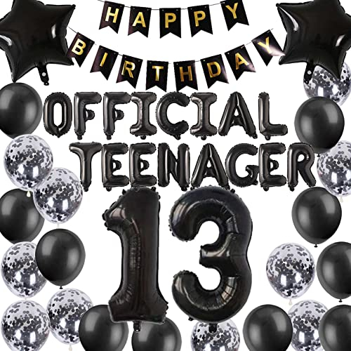 Offizielle Teenager 13. Geburtstag Dekorationen für Jungen Schwarzes 13 Geburtstags Banner Ballons mit 13. Geburtstags Konfetti Folienballons Deko 13. Jungen Mädchen