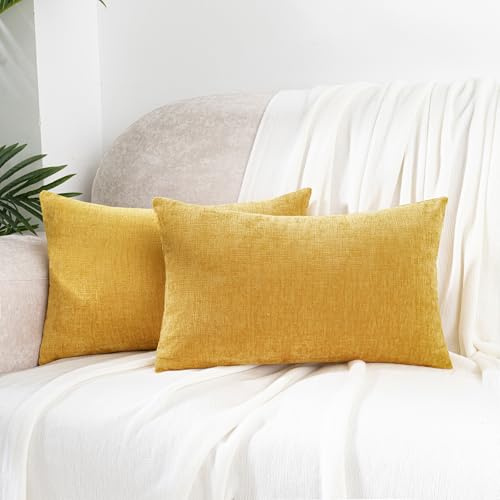 HWY 50 Kissenbezug aus Chenille Weich Senfgelb 30 x 50 cm 2er Set | Kuschelige, Hochwertige Kissenhülle in Moderner Dekorativer Unifarbe, Zierkissenbezug für Sofa Bett Wohnzimmer