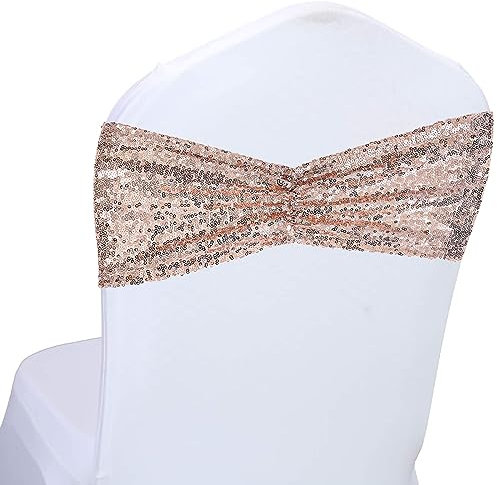 SquarePie Pack of 100 Chair Sashes Sparkly Rose Gold Sequin Sashes Bands for Wedding Party Banquet Chair Cover Decor
