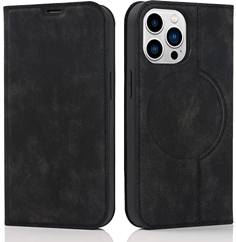 QLTYPRI Wallet Case for iPhone 13 Pro Max (6.7 inch) Compatible with Magsafe Charger, Magnetic Flip Folio PU Leather Phone Case with RFID Blocking Card Holder Slots Kickstand Shockproof Cover - Black