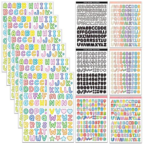 12-Blatt-Alphabet-Zahl-Aufkleber, bunte klebende Buchstaben-Aufkleber, Zahl Buchstaben Aufkleber für Dekoration Kunst, DIY Handwerk, Journal Supplies, Scrapbook, Karte Geschenkverpackung