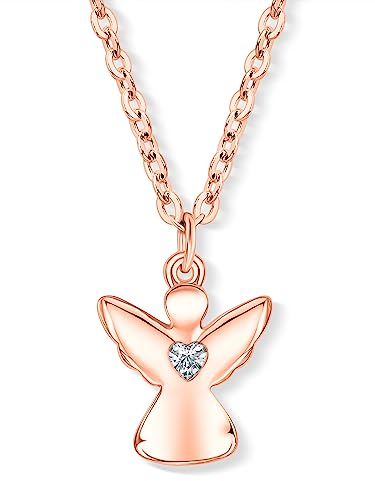 VIASOUL® Halskette Schutzengel mit Herz I Engel-Anhänger-Kette für Mädchen I Kinder-Schmuck I Mit 585er Gold überzogen & Zirkonia-Edelstein (Rose)