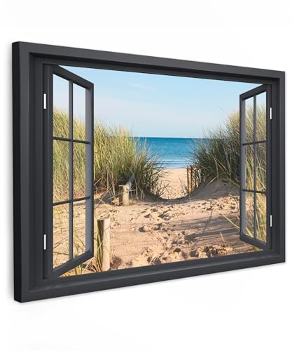 MuchoWow© Cuadros para Salon 120x80 cm Foto con Lienzo Canvas Laminas Cuadro Dormitorio Decoracion Hogar Pared Quadro Vista desde la ventana - Playa - Mar - Arena - Agua - Hierba alta