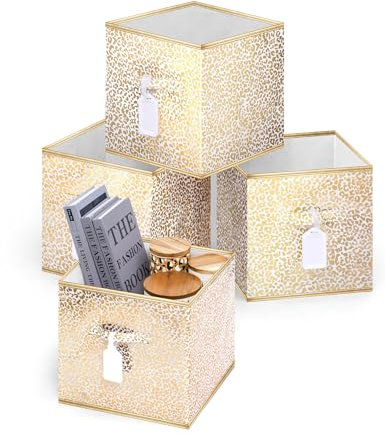 DAMAHOME Collapsible Storage Cube Bins, Foldable 11 Inch Cube Storage Bins with Dual Handles and Tags, 4-Pack Fabric Storage Cubes for Shelves, Closet, Nursery, Toys, Gold Leopard