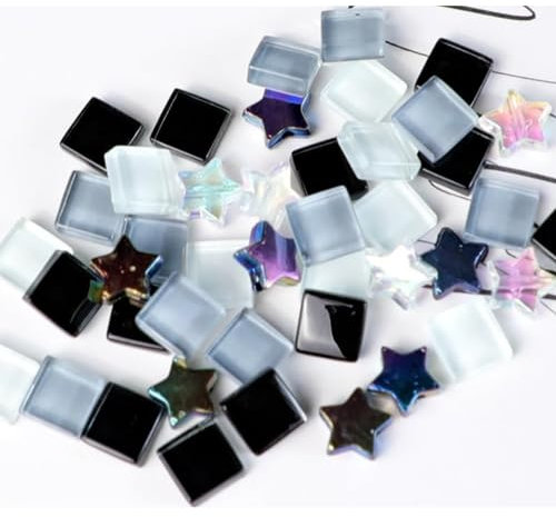 200g Bunte Kristall-Mosaik-Glasfliesen zum Basteln, Quadratisch und Stern kleine Mosaikglasstücke für Badezimmer, Küche, Heimdekoration(schwarz und weiß)