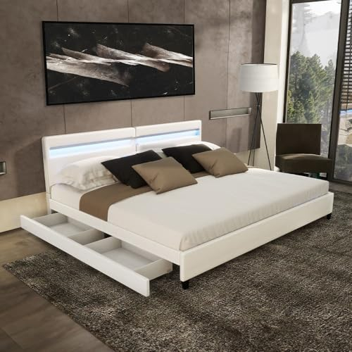 Home Deluxe - LED Bett NUBE - Weiß, 200 x 200 cm - inkl. Lattenrost und Schubladen I Polsterbett Design Bett inkl. Beleuchtung