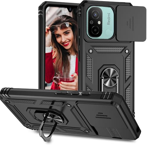 POUHYE Handyhülle für Xiaomi Redmi 12C / Redmi 11A Hülle, [Slide Camera] Hybrid Militärqualität Stoßfest Bumper Outdoor Handyhülle mit 360° Drehbarer Metall Ring Ständer Schutzhülle Case Schwarz