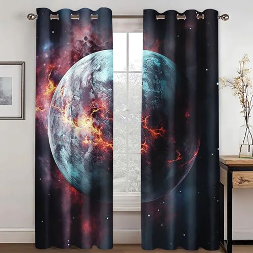 KARPIX Universum Planet Fenstervorhang Weltraum Sternenklar vorhänge Mit Ösen Blickdicht Gardine Für Kinder Und Jugendliche, 2 Paneele (8,150x166cm(2x75x166cm))