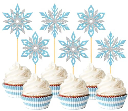24 Stück Glitzer Schneeflocken Cupcake Toppers, Winterdeko Cake Toppers für Schneeflocken Deko, Weihnachten Deko, Winter Dekoration Kuchendekoration (Mix Blau)