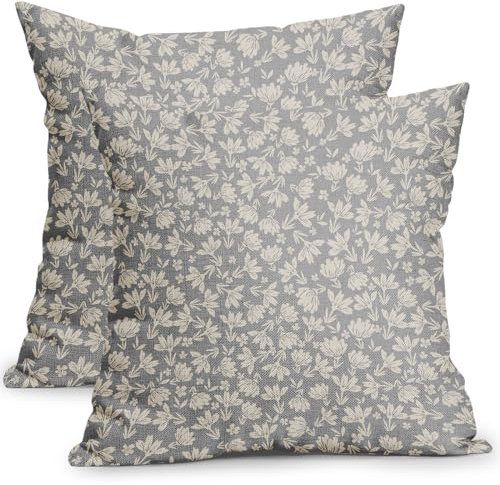 Kawani Kissenbezüge mit Blumenmuster in Grau und Creme, 45,7 x 45,7 cm, 2 Stück, Vintage-Stil, rustikale Blume, Outdoor, dekorative Dekokissen, grauer kleiner Blumendruck, Bauernhaus-Kissenbezüge aus