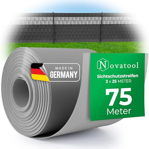 Novatool Premium PP 75m Rollen Sichtschutzstreifen für Doppelstabmattenzaun Fenster GRAU für 30 Reihen Stabmattenzaun Sichtschutzstreifen langlebig & witterungsbeständig Zaunelemente Sichtschutz