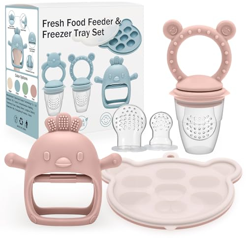 CLDY Baby-Fruchtschnuller für Babys, Aufbewahrungsbehälter für Babynahrung und 3 Silikonsaugern in 3 Größen für Kleinkinder ab 3 Monaten Baby-muttermilch-Zahnen-Eis am Stiel, BPA-frei (1 Satz Rosa)