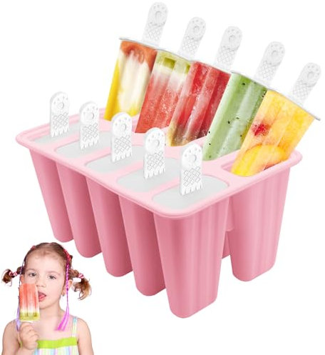Moule à Glace en Silicone - 10 Moules Réutilisables avec Bâtonnets pour la Confection de Popsicles et Glaces Maison (Rose)