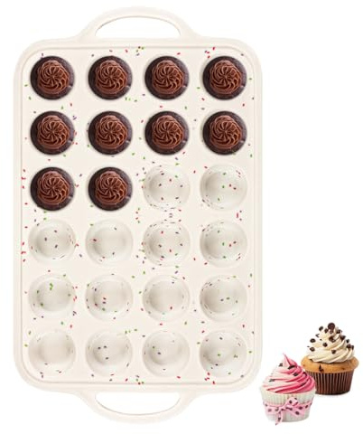Fimary Silicone Mini Muffin Pan With Metal Reinforced Frame - 24 Cups Durable Silicone Cupcake Pan for Muffin, Cupcakes, BPA Free and Dishwasher Safe - 1 Piece Beige with Rainbow Spots