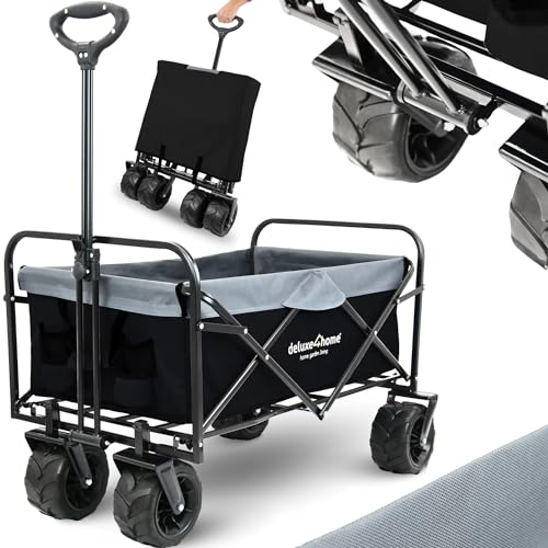 deluxe4home® Bollerwagen faltbar in Schwarz I Breite Reifen Geländetauglich I Mit 2 Netztaschen I Handwagen Transportwagen I Campingwagen Trolley Gerätekarre