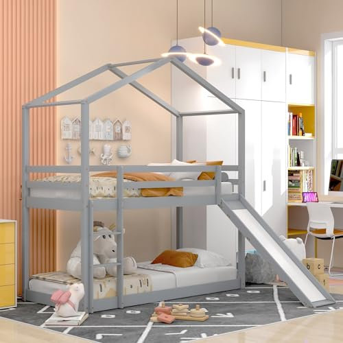 Skcess Kinderbett Hausbett, Niedriges Etagenbett Mit Rutsche, Massivholz-Etagenbettrahmen Mit Lattenrost 90 X 200 cm, Grau