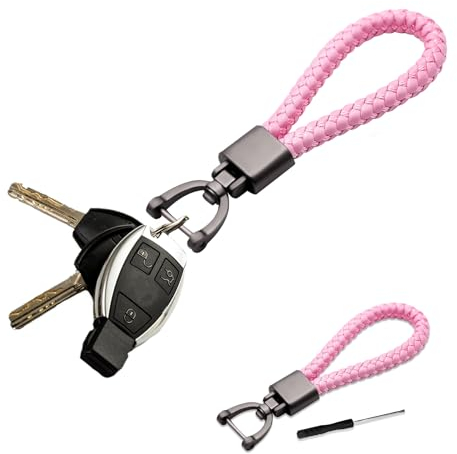 deemars Autoschlüsselanhänger aus echtem Leder, Autoschlüsselhalter mit 360 Grad drehbarem D-Ring und Schraubendreher, Woven Strap Braided Rope Schlüsselanhänger Universal für Männer (Rosa)