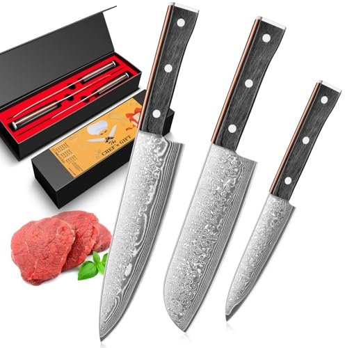 BILLION DUO Damastmesser set, Messerset 3-teilig, 67 Schicht VG10 Damaszener Stahl Küchenmesser Set, Profi Kochmesser, Santokumesser Set mit Harzgriff - D08 Serie