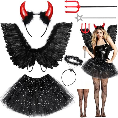 Humairc Angel Noir Wings Costume Deguisement Halloween Costume Carnaval Enfant Costume Halloween Femme - Angel Wings Angel Halo Tutu Corne Diable Fourche Rouge Diable, pour Adulte Enfant Cosplay