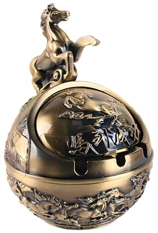 Stylitzy Dekorativer winddichter Vintage-Aschenbecher mit Deckel für Zigaretten, Metall, tragbar, für drinnen und draußen, handgeschnitzt, ausgefallenes Geschenk, Ornament für Männer (Bronze-Pferd