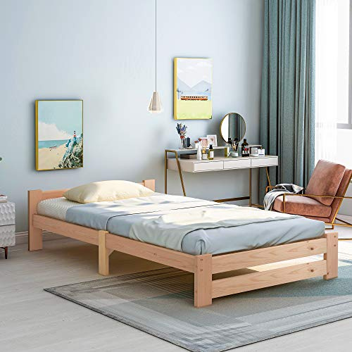 Massivholzbett 90x200 cm, Futonbett Holzbett Massivholz Natur Bett aus Kiefernholz, Stabiler Bettrahmen Einzelbett Kinderbett Jugendbett Bettgestell mit Kopfteil und Lattenrost, ohne Matratze, Natur