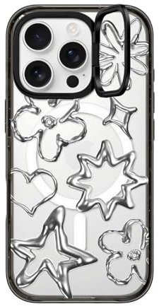 CASETiFY Impact Ring Stand iPhone 16 Pro Hülle [Kickstand / 2.0 m 3X Military Grade Drop Protection/Compatible with Magsafe] - Chrome Doodles - Clear Black