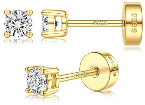Moissanit Ohrringe, 925 Sterling Silber Ohrstecker, 2-5MM 14K vergoldete Ohrstecker, VVS1 D Farbe simulierte Diamanten, flache Rückseite, hypoallergenes Schmuck Geschenk, Gold, 3 mm (0,1 ct)