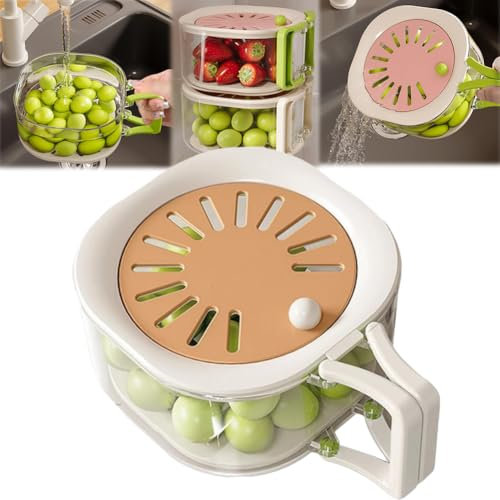 2-in-1 Draining and Preservation Basket, Multifunctional Fruit Washing Bowl with Strainer,Foldable Colander with Lockable Lid, Strainer Bowl Food Drainer,Vegetable Container with Lid and Handle (B)