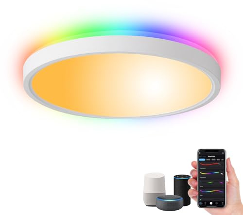 queffigle Smart RGB Ceiling Light LED 2700LM Works with Alexa 12 Inch 2700K-6500K Flush Mount Light Fixture DIY Colors WiFi Dimmable Low Profile Ambient Light Fixture for Bedroom Living Room Party