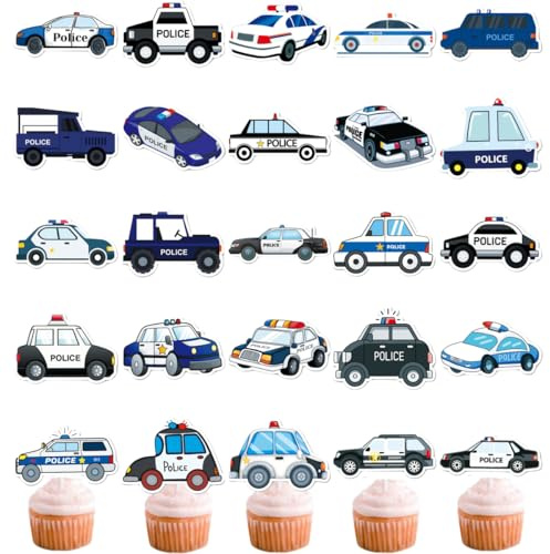 (2 in 1) Pack of 50 Police Car Cupcake Toppers, Police Car Stickers, DIY Cupcake Decoration for Police Party (Police Car)